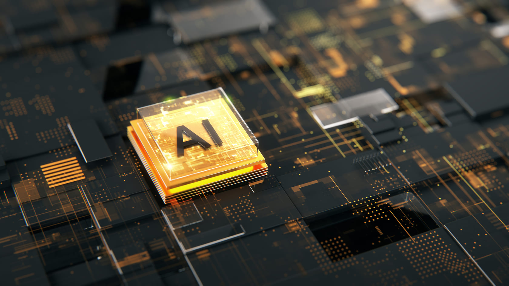The concept of AI-powered learning: a technology chip on a circuit board.